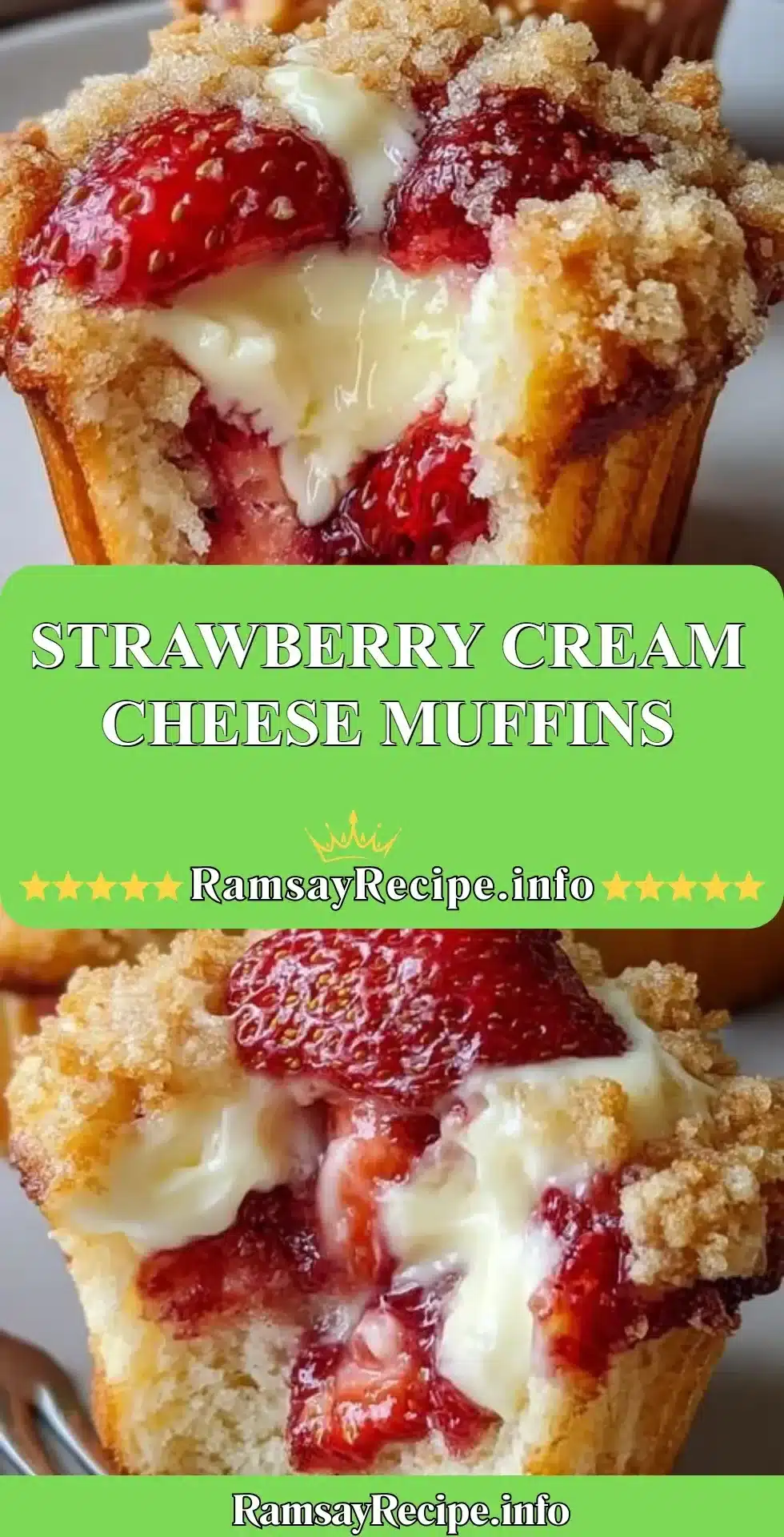 Strawberry Cream Cheese Muffins 2 Freshly baked Strawberry Cream Cheese Muffins on a rustic wooden table