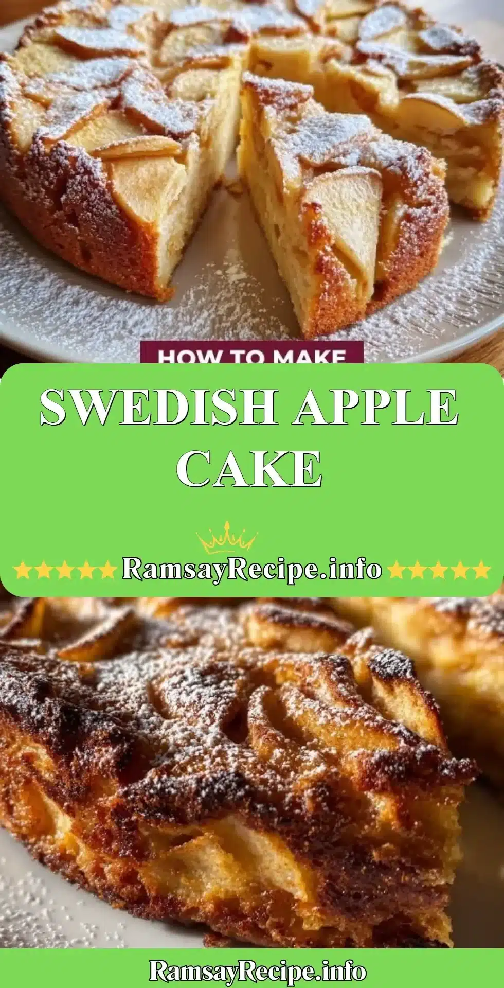 Delicious slice of Swedish Apple Cake topped with apples and nuts