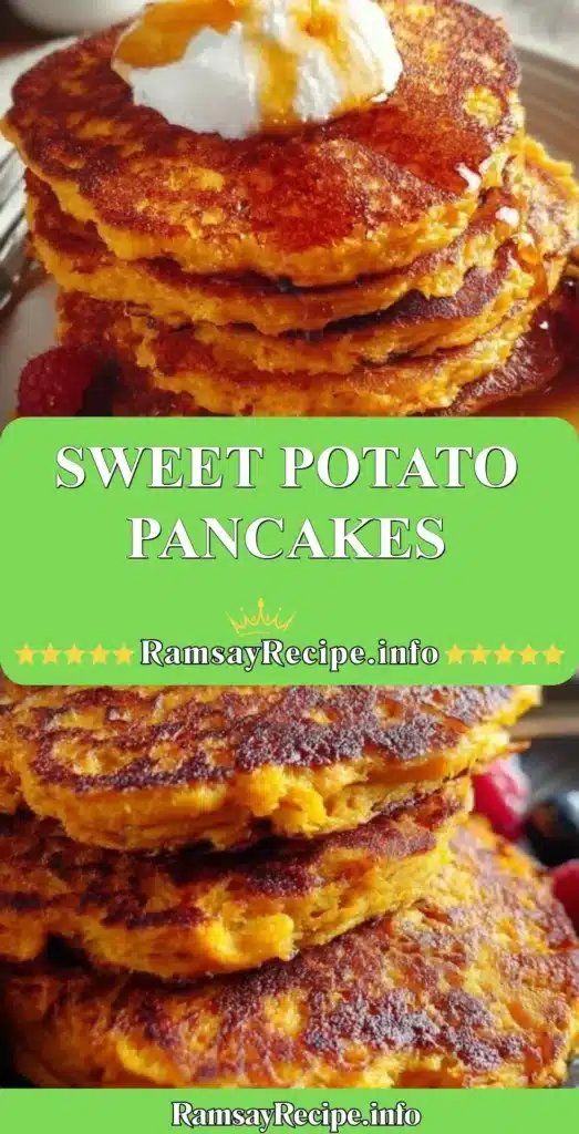 Fluffy sweet potato pancakes served with syrup and fresh fruit