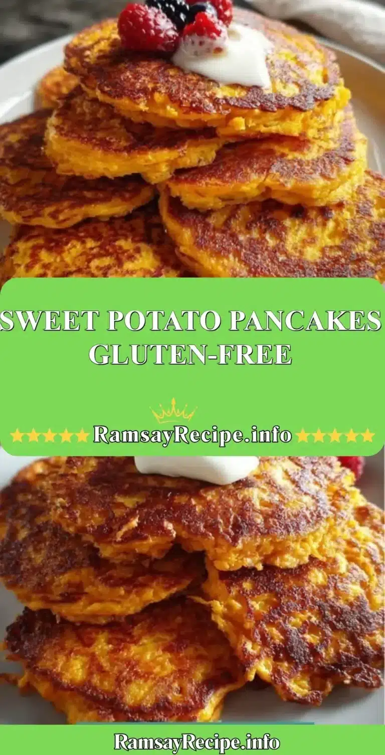 Gluten-free sweet potato pancakes stacked on a plate with syrup and toppings.
