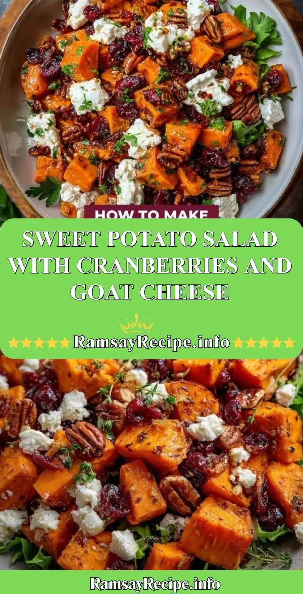 Delicious sweet potato salad with cranberries and goat cheese garnished with herbs