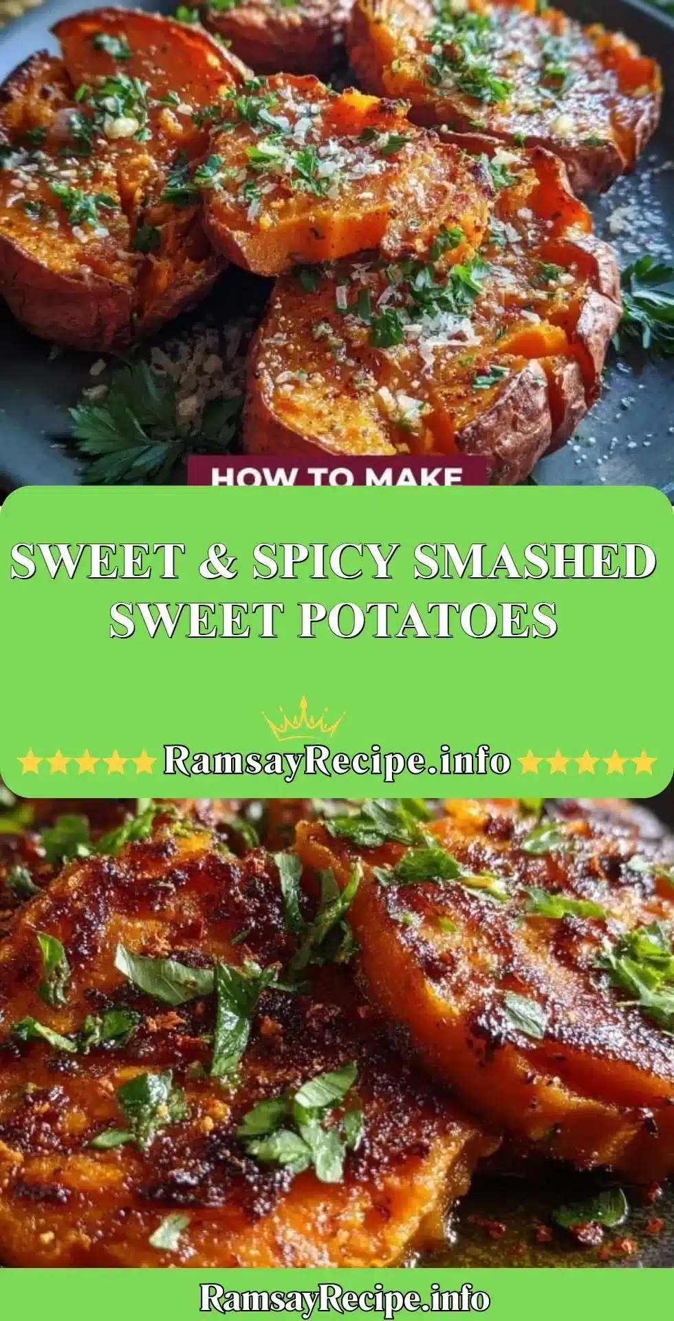 Plate of sweet & spicy smashed sweet potatoes with herbs
