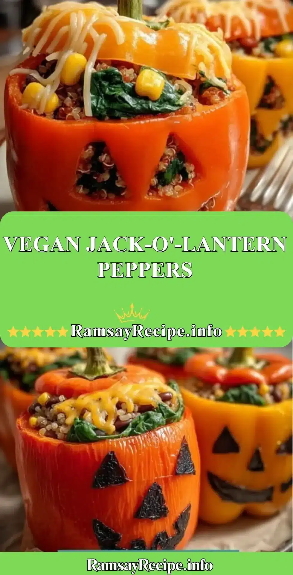 Vegan Jack-o'-Lantern Peppers decorated for Halloween