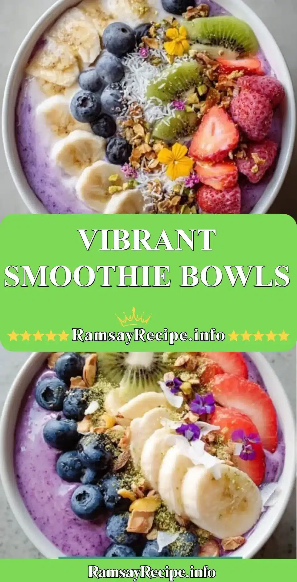 Vibrant smoothie bowls topped with fresh fruits and nuts