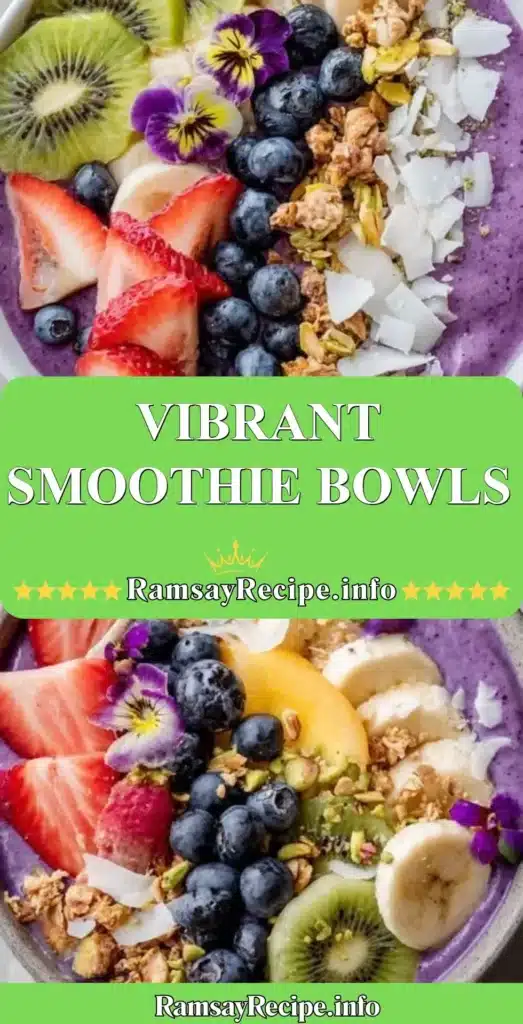 Colorful and healthy smoothie bowls topped with fruits and granola