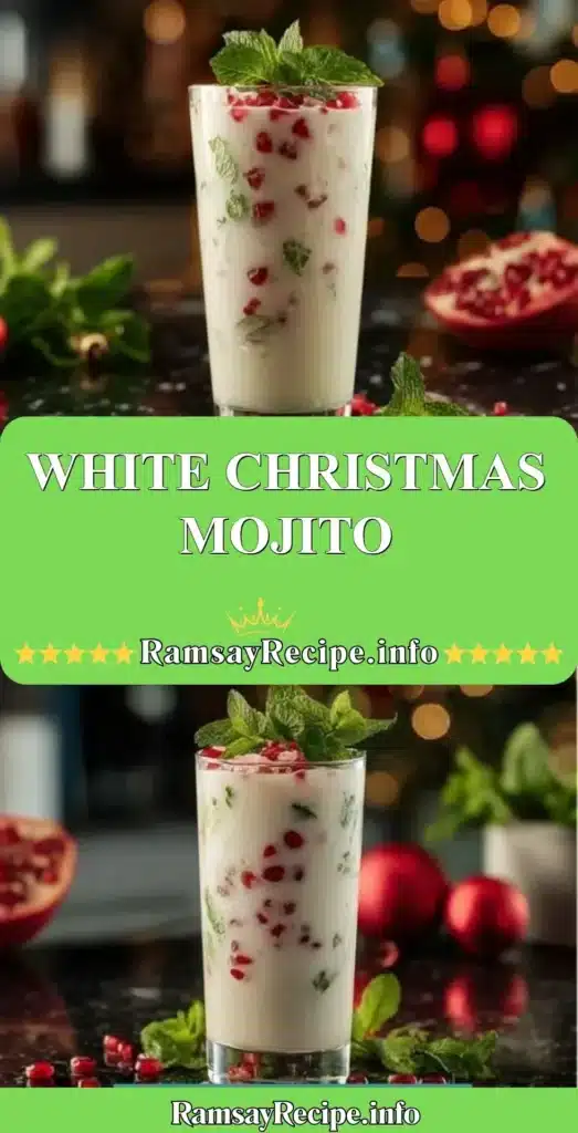 A festive White Christmas Mojito cocktail garnished with mint and cranberries.