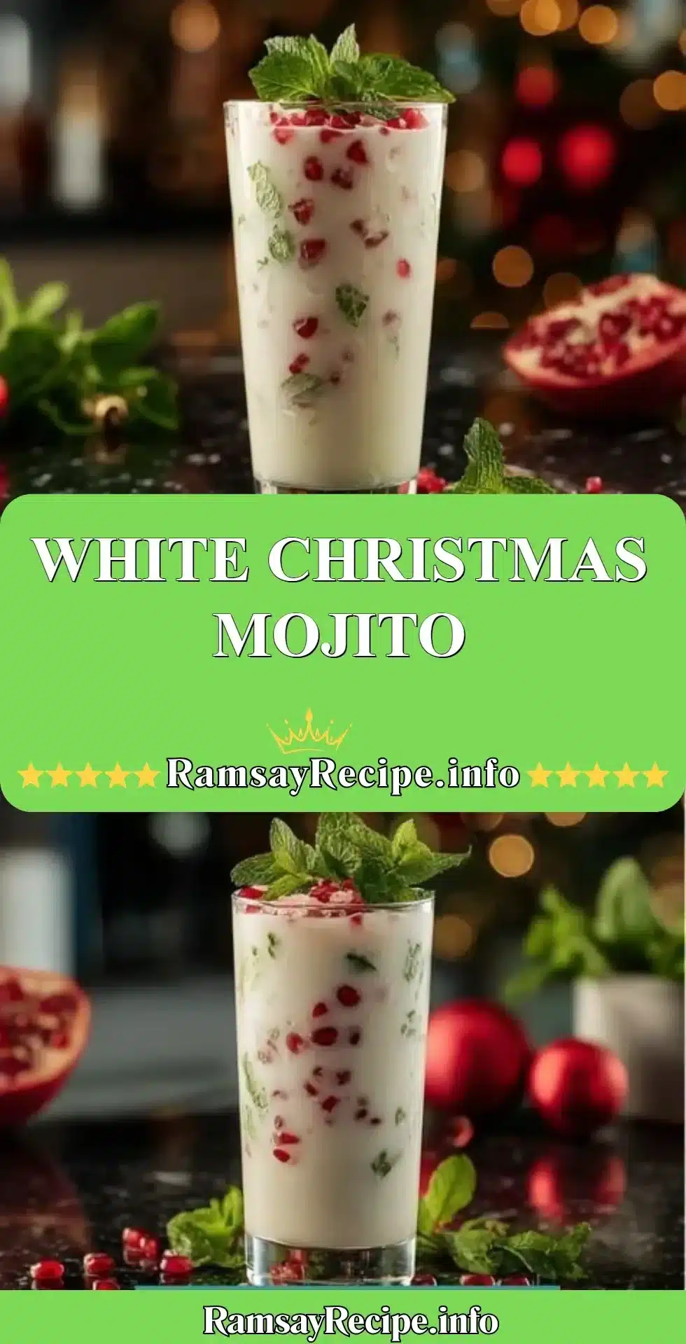 A festive White Christmas Mojito cocktail garnished with mint and cranberries.
