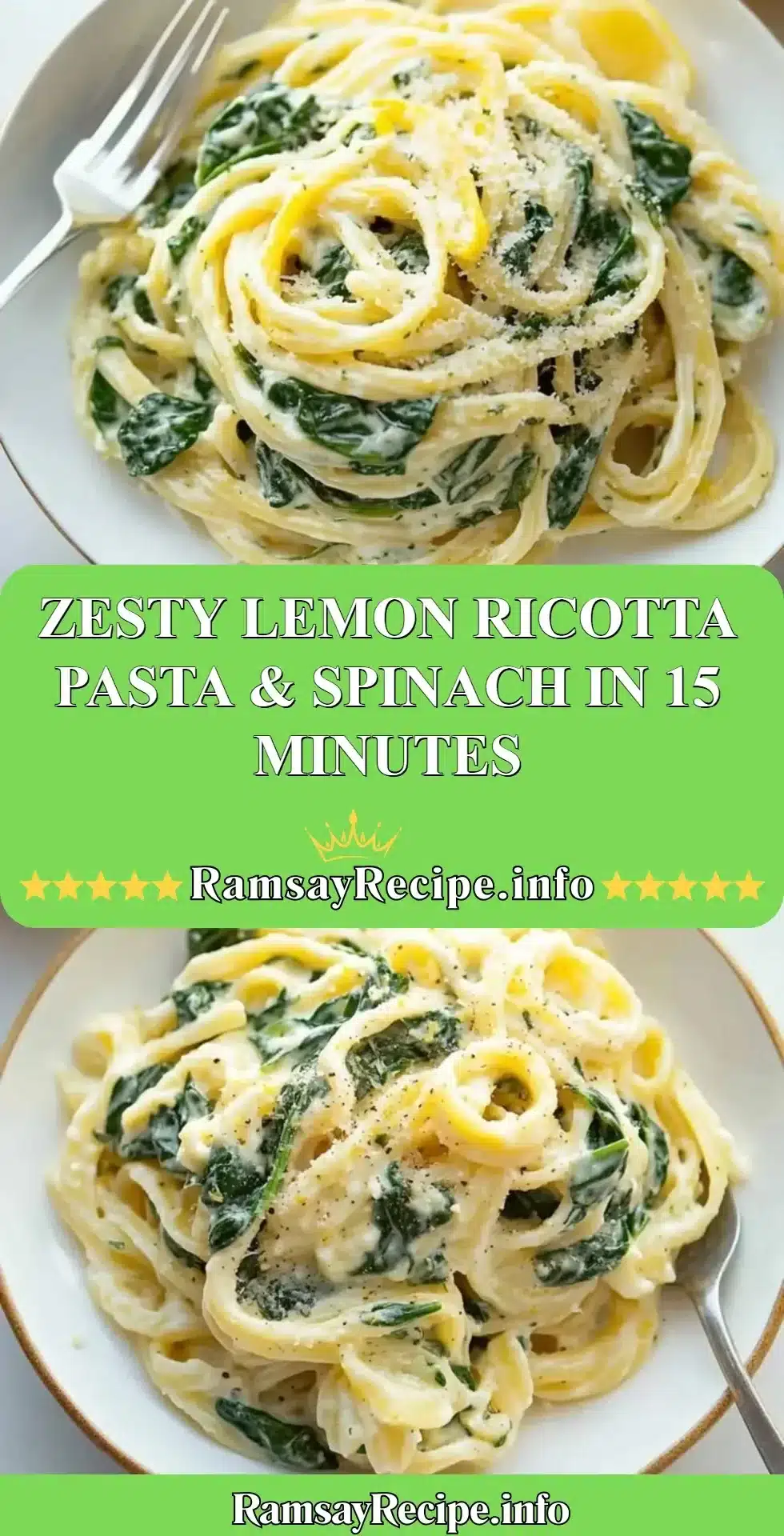Zesty lemon ricotta pasta topped with fresh spinach on a plate